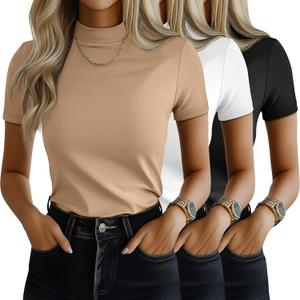 Ficerd 3 Pack Women's Mock Neck Shirts Short Sleeve Turtleneck Tops Slim Fitted Dressy Casual Tees Summer Basic Tshirts 2026 (Black, S)