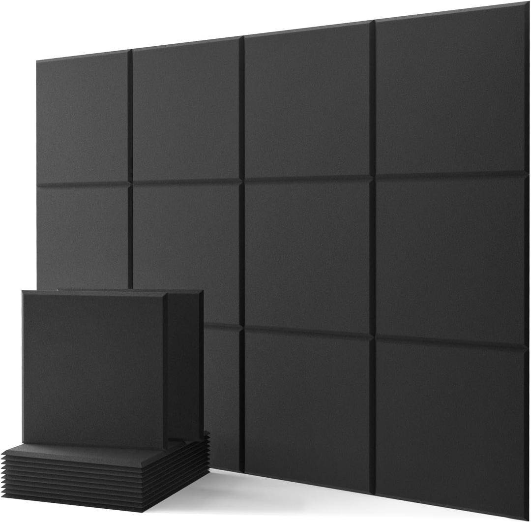 Square Acoustic Wall Panels, Sound Absorbing Panels for Walls, Ceiling, Doors, 12 Pack 12"x12"x0.4" Decorative Black Acoustic Tiles for Recording Studio, Office, Room, Home