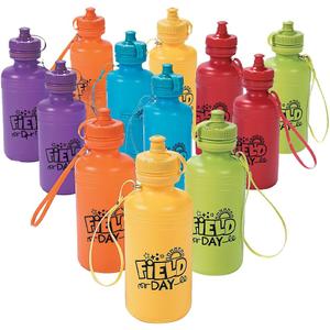 Fun Express Kids Water Bottle 12 Pack - BPA Free Plastic Reusable Water Bottles for School, Field Day & Sports | Small 12 oz Mini Water Bottles Bulk Set with Carrying Strap for Classroom Team Events