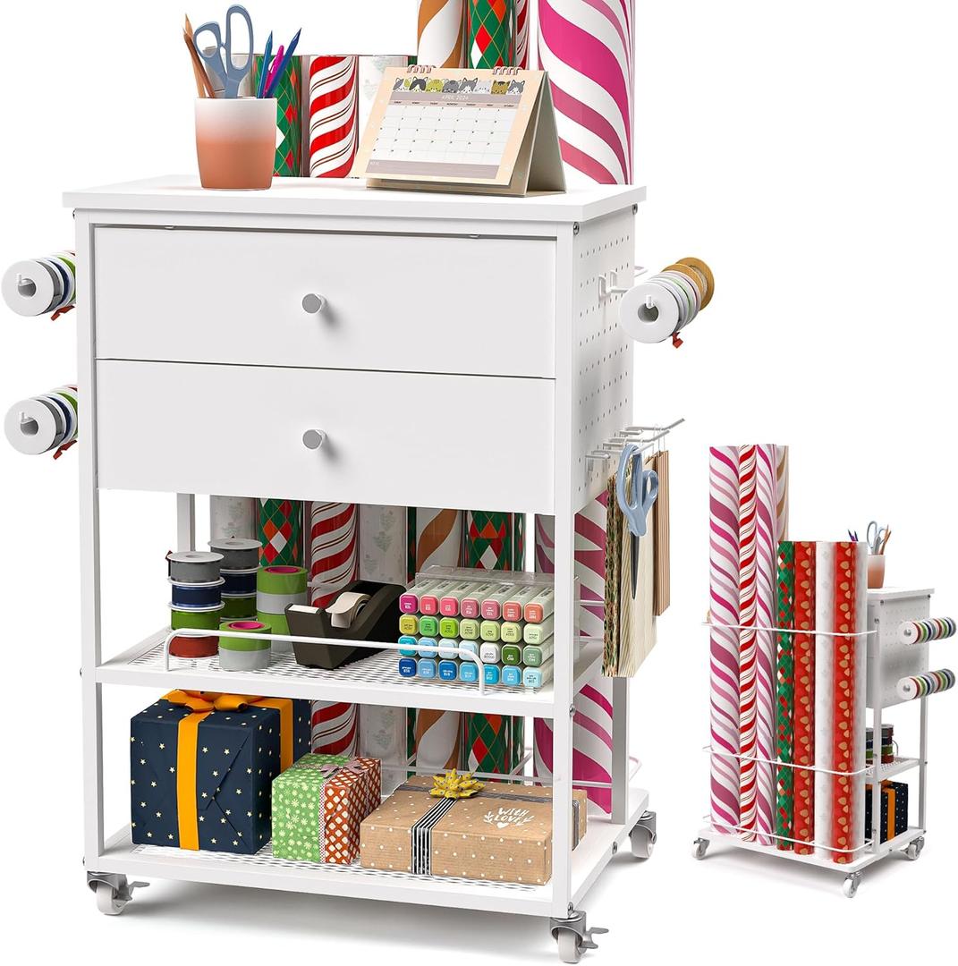 Wrapping Paper Storage Cart, Rolling Gift Wrap Station with Ribbon and Gift Bag Storage, Wrapping Paper Organizer Holder, Craft Organizers and Storage