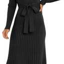 ANRABESS Womens Long Sleeve Fall Dress 2025 V Neck A-line Tie Waist Ribbed Knit Bodycon Midi Sweater Dresses Black Medium (Black, M)