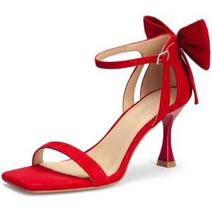 Carcuume Women's Square Toe Heels Bow Tie Ankle Strap Heel Sandals Open Toe Wedding Shoes, Size 9