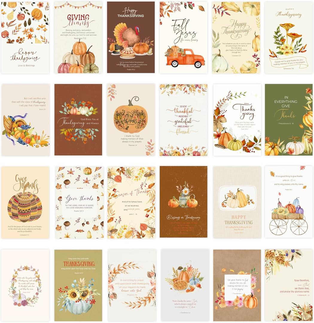 Nihuecne 24 Pack Religious Thanksgiving Cards with Self-adhesive Envelopes, 4"x6" Boxed Blessing Religious Note Cards with Sentiments Inside, 24 Designs, NO Repeat