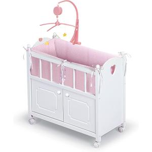 Badger Basket Wooden Toy Doll Bed with Storage, Mobile, and Bedding to Pretend and Play - Includes Wheels and Free Personalization Kit - White with Pink Gingham Fabric