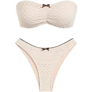 ZAFUL Women's Strapless Bikini Openwork Textured Bow Ruched Lace Up High Cut Bandeau Swimsuit Bathing Suits L