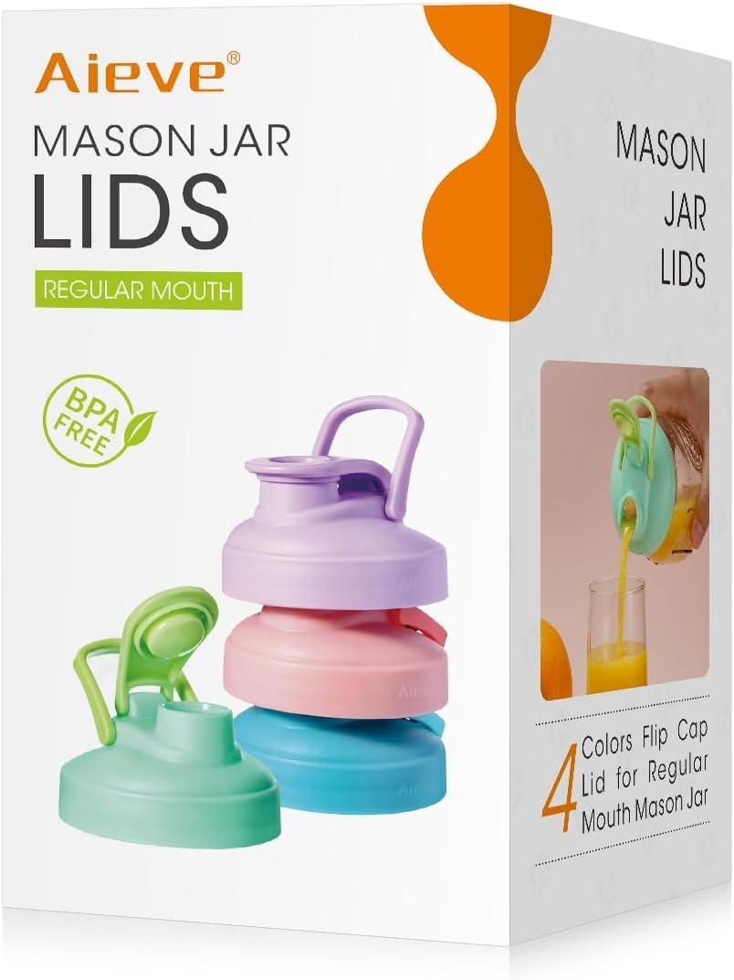 AIEVE Mason Jar Pour Spout Lid, 4 Pack Regular Mouth Mason Jar Lids with Flip Top,Reusable and Leak-Proof Plastic Canning Pitcher Lids tor Milk, Coffee, Juice, Lemonade,Colorful(Jars not Included)