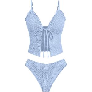 seamoly Women's Tankini Sets Tie Front Ruffle Bikini Set High Cut Thong Two Piece Swimsuit Floral Gingham Bathing Suit (Blue, L)