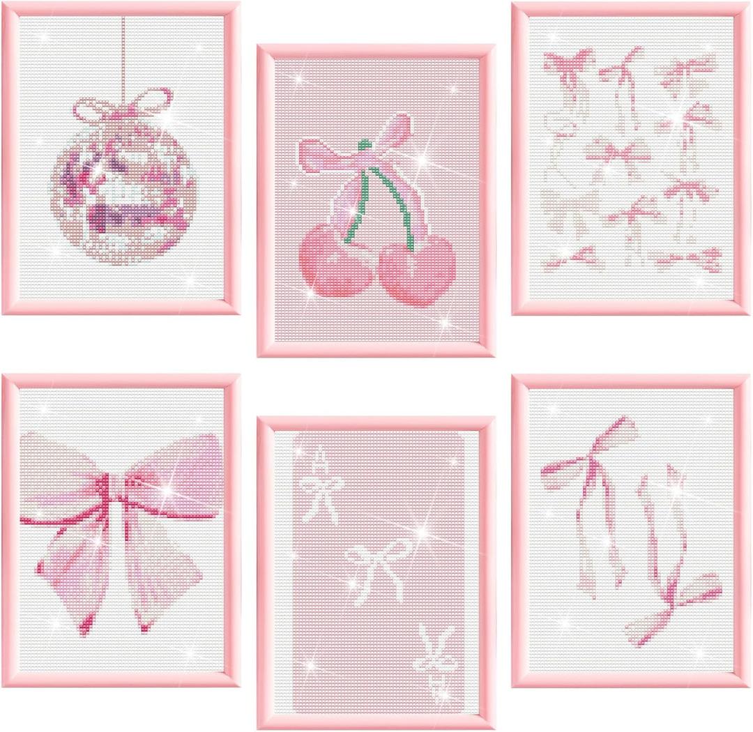 Chunful 6 Pcs Pink Bow Diamond Painting Kits, DIY Painting for Adults Diamond Crafts Aesthetic Room Decor Cute Coquette Bow Pictures 5d Craft Wall Decor for Home, 10 x 11.8''