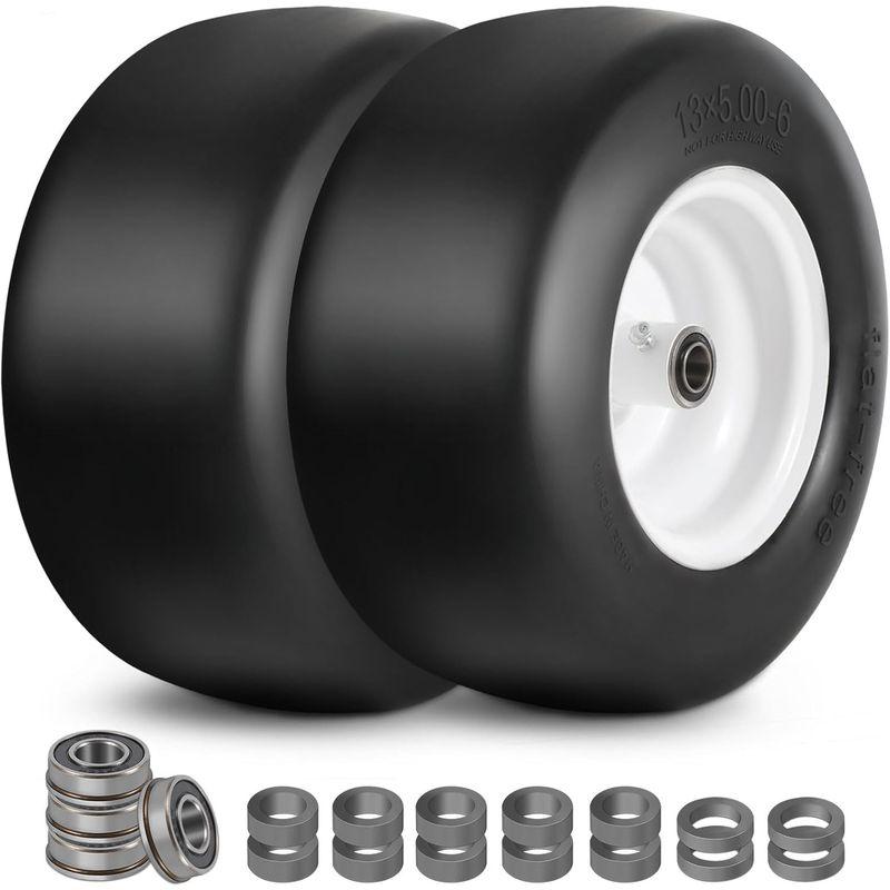 Lawn Mower Tires 13x5.006 (2Pack), Flat Free Solid Smooth Tread, Front Tire Assembly Replacement, Universal Fit for Commercial/Residential Mowers with Adapter Kit, 3/4" Bushing (Black)