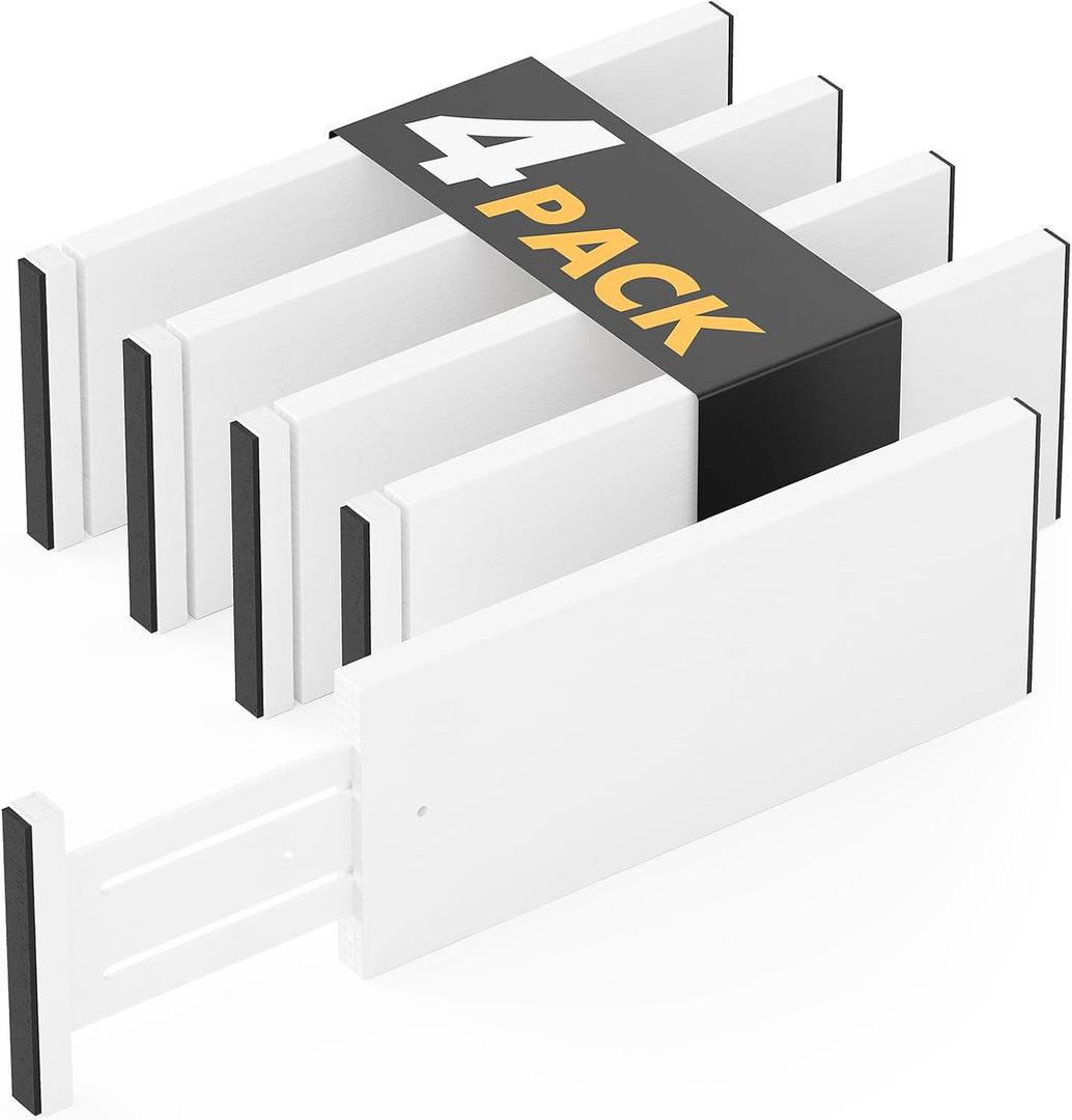 SpaceAid Bamboo 4 Pack Dresser Drawer Dividers, 4.65 High Adjustable 12.5-17 Drawer Organizers, Expandable Organization for Clothing, Clothes, Dressers, White