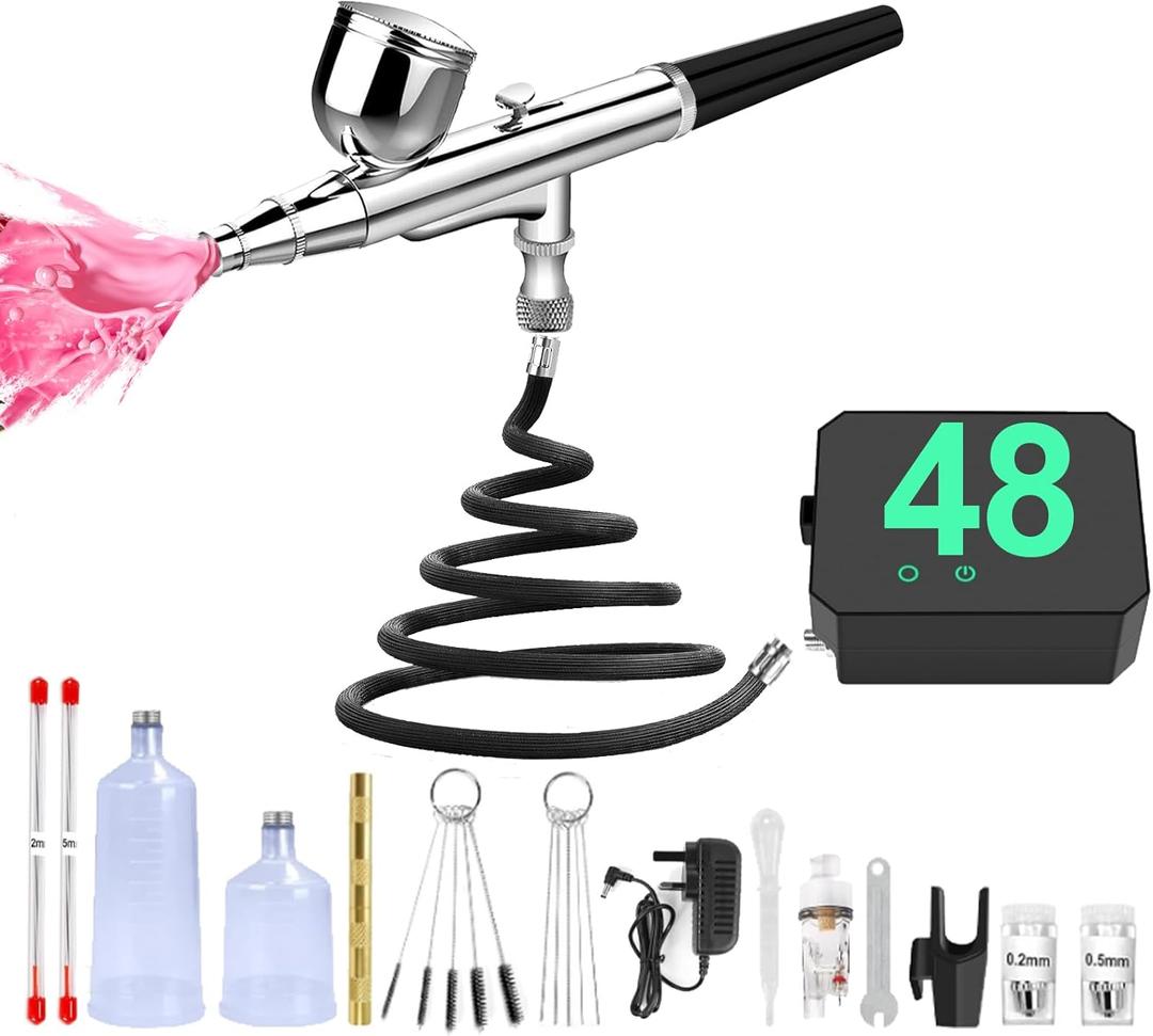 MADETEC Professional Nail Art Airbrush Kit with Compressor - 3 Adjustable PSI (25/35/48), Stable Pressure, 0.2/0.3/0.5mm Nozzles, Non-Clogging for Nail Art, Painting, Model, Cake ect Black
