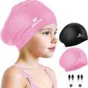 2 Pack Kids Swim Cap for Girls Boys, 2 Size Silicone Swimming Cap for Toddlers Children Teens, Waterproof Swim Hatsfor Long Hair to Keep Hair Dry (8T-15T, Black+Pink)