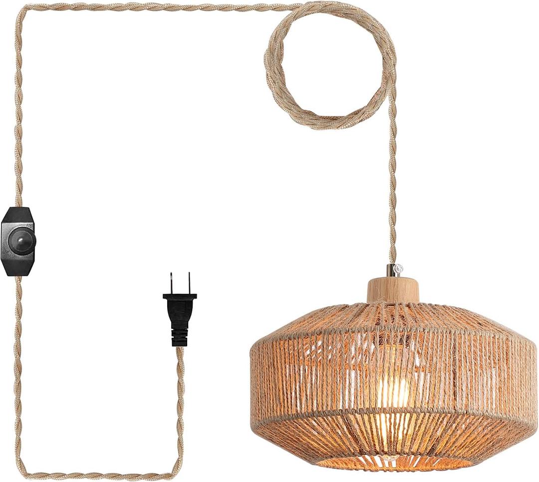 Hchunqjor Coastal Woven Plug in Pendant Light with 14ft Handmade Hemp Rope Light Cord, Dimmable Switch, Natural Basket Hanging Lamp for Bedroom Kitchen Island Decor Farmhouse Living Room