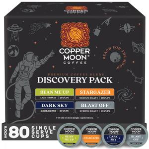 Copper Moon K-Cup Coffee Pods, Discovery Variety Pack, 80 Count | 20 Light Roast Bean Me Up, 20 Medium Roast Stargazer, 20 Dark Roast Dark Sky, 20 Strong Roast Blast Off, For K-Cup Brewers (EXP 05/07/28)