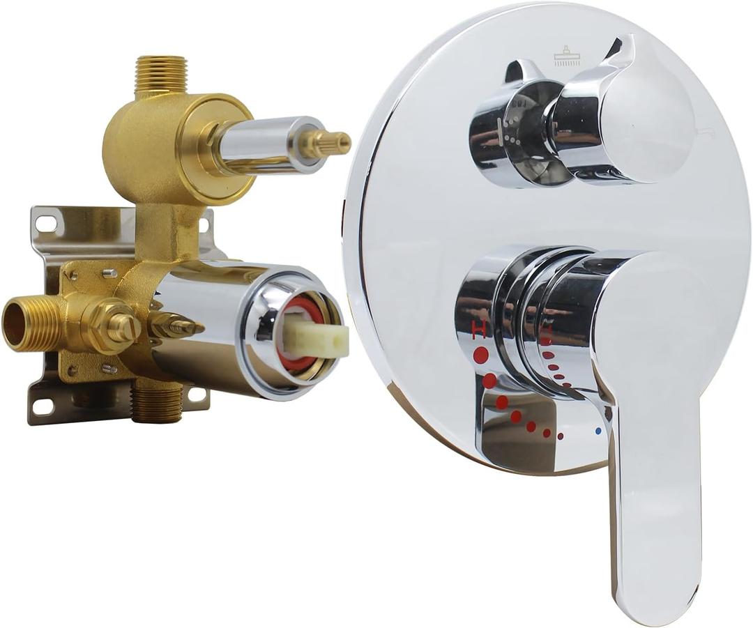 Solid Brass 3 Way Round Pressure Balancing Mixer Shower Valve Replacement Wall Mount Shower Diverter Valve Kit Shower Control Valve Polished Chrome