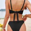 ZAFUL Women's Ribbed Underwire Bikini Set High Cut Colorblock V Notch Swimwear Printed High Leg Swimsuit (Black)