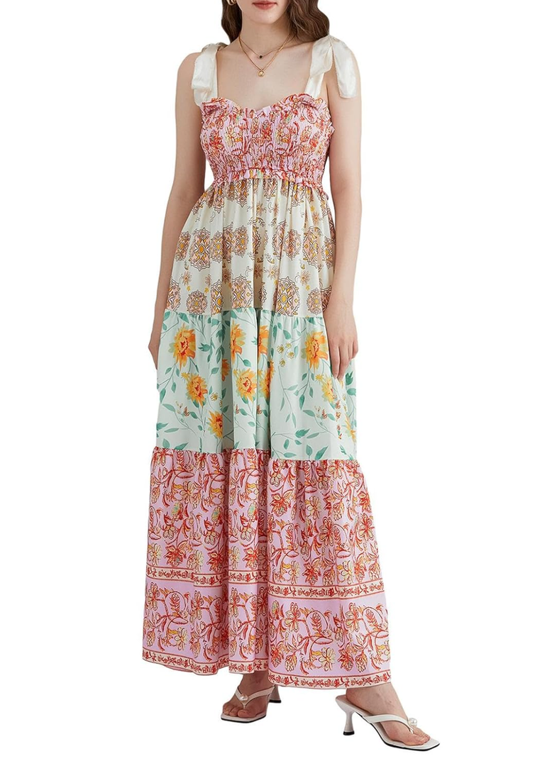 Sastianaen Women Y2k Boho Floral Maxi Dress Tie Shoulder Flowy Smocked Long Dress Summer Going Out Sundress, M