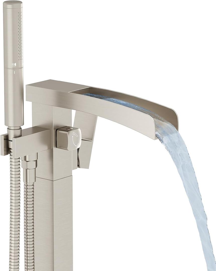 BESy Tub Filler Freestanding Bathtub Faucet Waterfall Floor Mount Brass Single Handle Bathroom Tub Faucets High Flow Bath Shower Faucets with 2 Function Handheld Sprayer Brushed Nickel