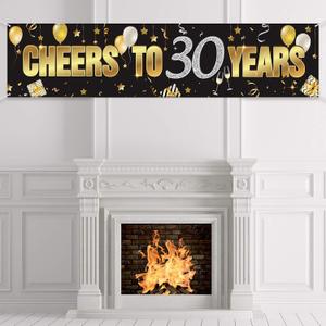 Boao Happy 30th Birthday Banner for Men Women Sign 30 Years Black Gold Glitter Birthday Sign Banner Party Decoration Supplies Anniversary Celebration Backdrop