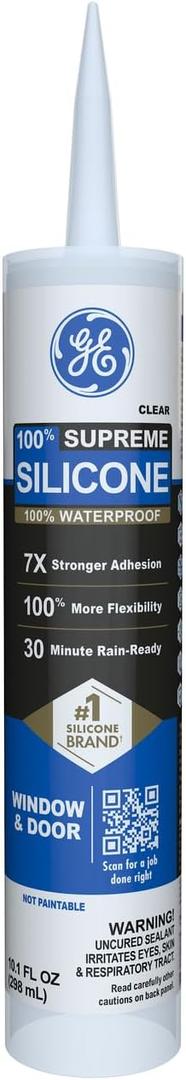 GE Supreme Silicone Caulk for Window & Door, Clear, 10 fl oz Cartridge, 1 Pack - 100% Waterproof Silicone Sealant, 7X Stronger Adhesion, Shrink & Crack Proof