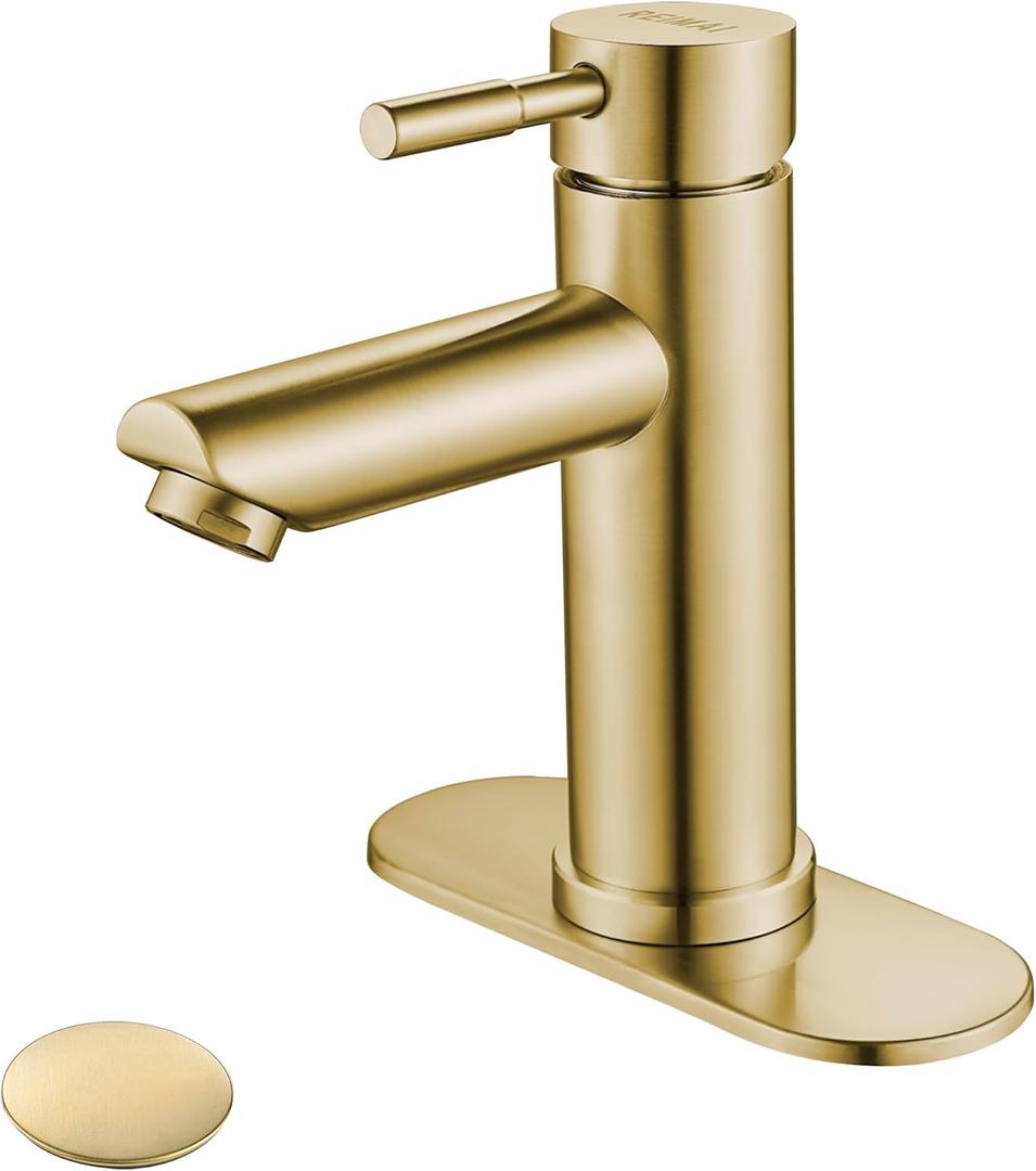 Single Handle Bathroom Sink Faucet Brushed Gold, Modern Single Hole Bathroom Faucet Stainless Steel Commercial Basin Faucet (Brushed Gold, with Drain)