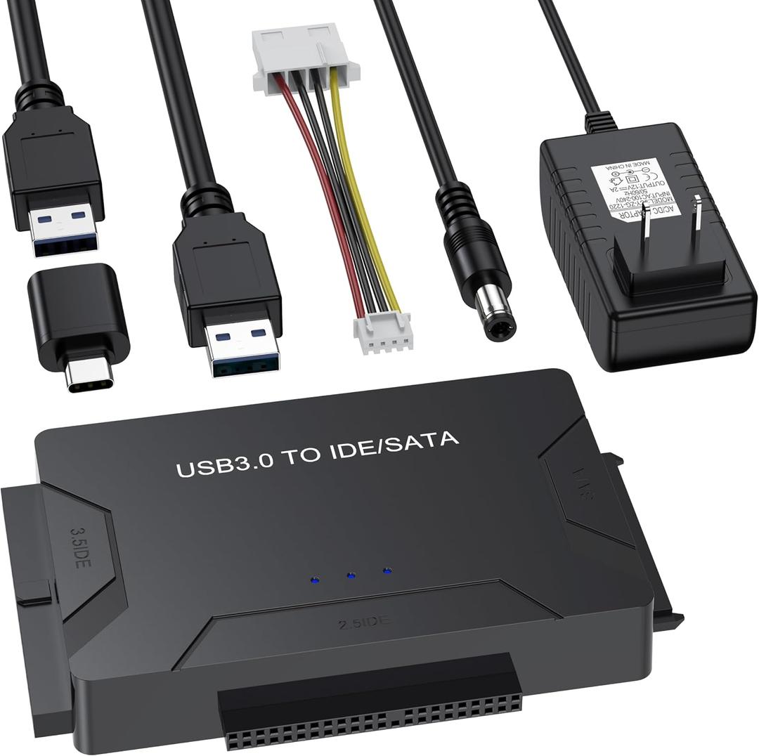 Hard Drive Reader USB 3.0 & Type C to SATA IDE Adapter, Internal Data Transfer Recovery Converter Kit with 12V/2A Power for 2.5"/3.5" SATA/IDE HDD SSD Hard Disk Internal Blu-ray Drive, up to 20TB