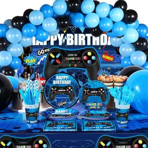 Tatuo 152 Pieces Video Game Birthday Party Supplies Gamer Party Table Cover Happy Birthday Backdrop Banner Tableware Balloons Sets for Boys Men Theme Party Decoration (Blue)