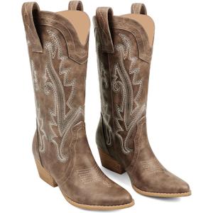 Zzheels Women Mid-calf Cowboy Boots Pointy Toe Boot Embroidered Western Cowgirl Boots Chunky Heels (7, Brown)