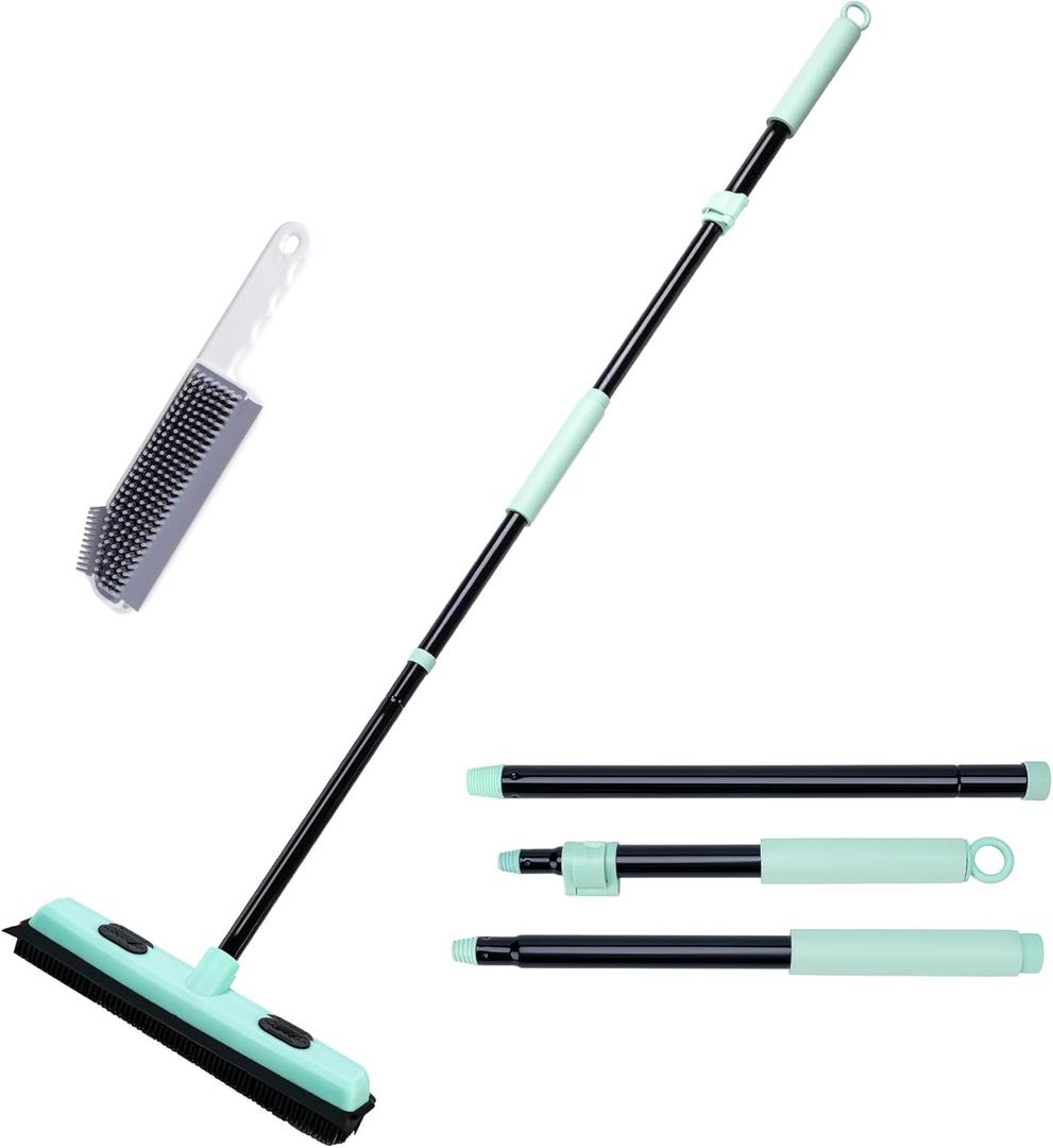 Rubber Broom Pet Hair Remover with Squeegee, 52.3 Inches Long Handle Fur Sweeper with Small Detailing Lint Brush to Fluff Carpet Rug Tile Hardwood Floor (Avocado Green)