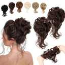 2PCS Messy Bun Hair Piece Tousled Updo with Tendrils Wavy Curly Hair Bun Scrunchies Ponytail Extension Elastic Band Hairpieces For Women (Medium Brown)