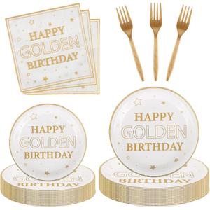 50 Pieces Happy Golden Birthday Party Disposable Paper Plates,8 inches White Gold Plates for Golden Birthday Party Decorations 50 Forks Include