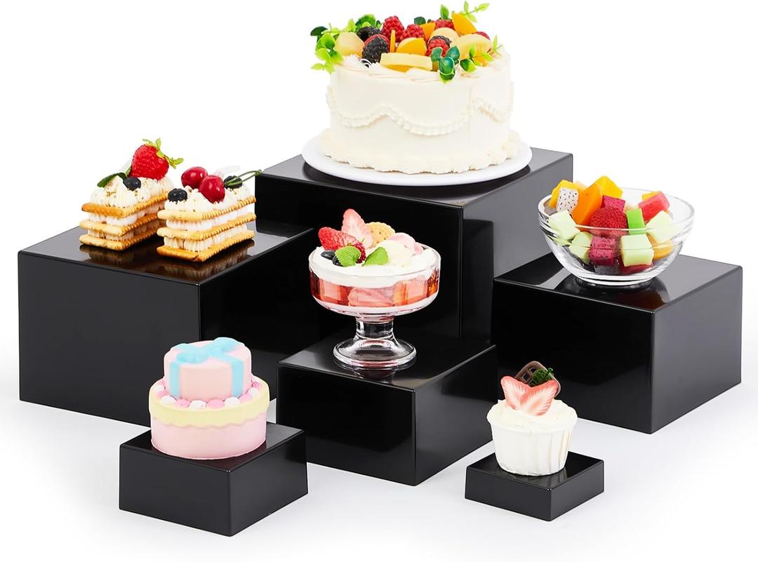 Leinuosen 6 Pcs Acrylic Buffet Risers Stands for Food Display Cubes Box, 3 to 8 Inch Square Catering Table Dessert Decorative for Wedding Brunch Setup Party Jewelry Collectibles, Hollow Bottom (Black)
