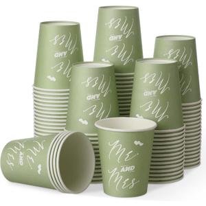 Fulmoon 100 Pcs Sage Green Paper Cups 9 oz Cup Disposable Mr and Mrs Paper Cups Wedding Bridal Shower Coffee Cups Birthday Beverage Drinking Cups Bulk for St Patricks Tea Party Picnic Business Supply