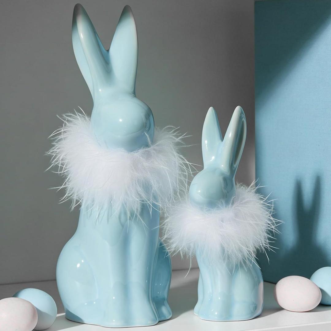 RM ROOMERS 2PCS Easter Bunny Figurine Decoration, Blue Ceramic Rabbit Statues with White Fluff on Neck, Porcelain Bunnies Spring Gifts for Indoor Tabletop Home Aesthetic Decor Farmhouse Wedding