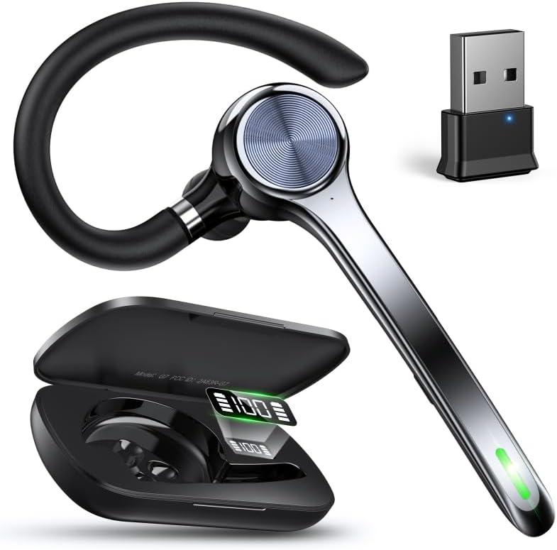 Ngsod Bluetooth Headset, Wireless Earpiece with Upgrade Noise Canceling Mic,500mAh Charging Case Support 72H Talking Time,Hand-Free Headphones with Mute Button for Computer Cell Phones Trucker Work