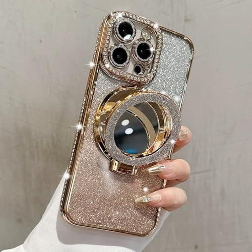 ZXDK Mirror Kickstand Glitter Diamond Case for iPhone 15 14 13 12 Pro Max,Magnetic Stand Holder,Camera Lens Protector Compatible with Magsafe, Rhinesetone Bing Cover Case (Gold,for iPhone 12 Pro Max)