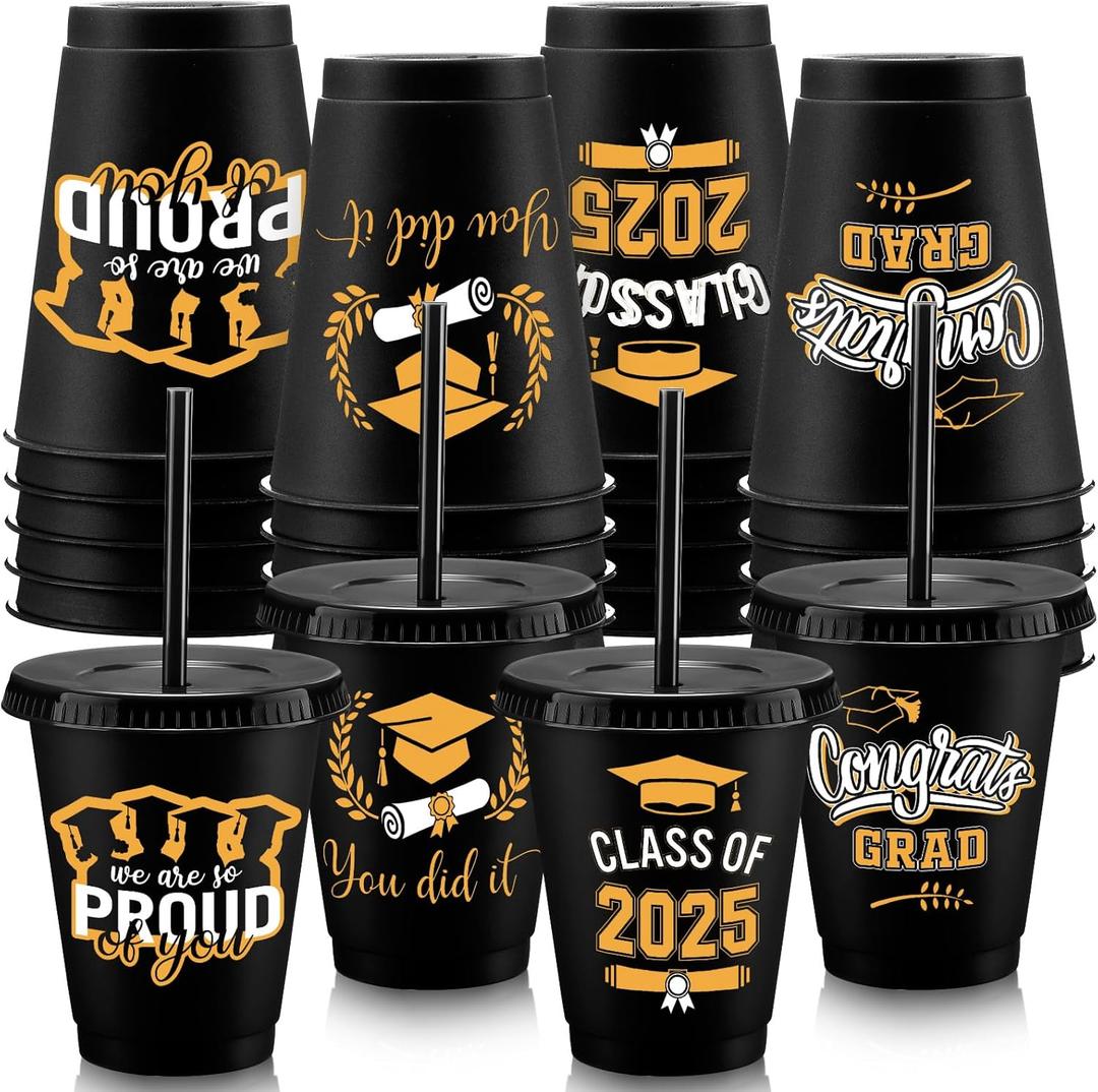 24 Pieces Plastic Graduation Cups 2025 16 oz Bulk Disposable Cup with Lid and Straw Congrats Grad Cups Reusable Gifts Tumbler for School Party Favors Beverage Coffee Tea(Black)