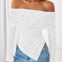 ZESICA Women's Fall Floral Off Shoulder Tops 2025 Mesh Long Sleeve Shirts Asymmetrical Ruched Tee Blouses Trendy Outfits (S)