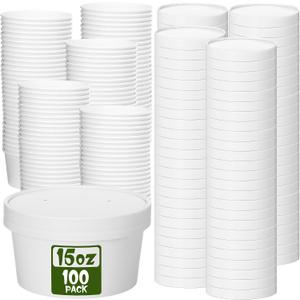 Fulmoon 15 oz 100 Pack Paper Containers with Lids Soup Bowl Cup, White
