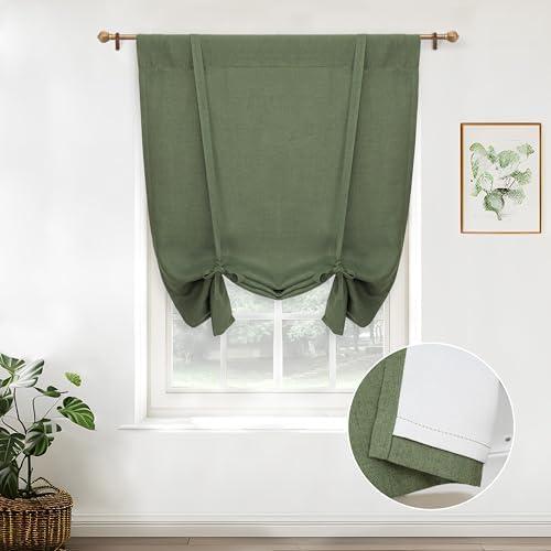 DriftAway Double Layer Linen Blackout Tie Up Curtains Thermal Insulated Fully Lined Balloon Roman Shade Bathroom Window Adjustable Rod Pocket for Small Window 25 Inch by 47 Inch Olive Green
