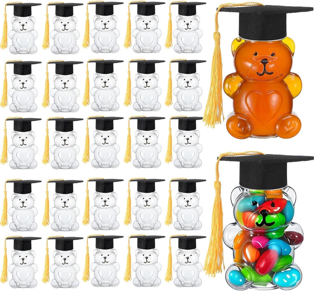 Blushtier 50 Sets 2026 Graduation Cap Bear Candy Jar 2oz Empty Bear Plastic Container with Graduation Cap with Tassel Grad Bear Bottle DIY Gift for Graduation Party Favor Decoration Supplies