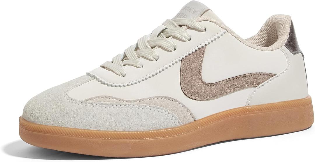 LUCKY STEP Women's Classic Fashion Casual Sneakers Skate Shoes No Slip Lace Up Walking Shoes (10 M US Beige Grey)