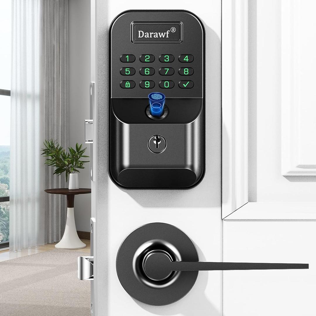 Fingerprint Door Lock with 2 Lever Handles - Keyless Entry Smart Deadbolt,Electronic Keypad Lock with Auto Lock,Bluetooth,APP Control,Digital Code,Password,Key,Front Door Handle Set,Easy Installation (Double black Fingerprint)