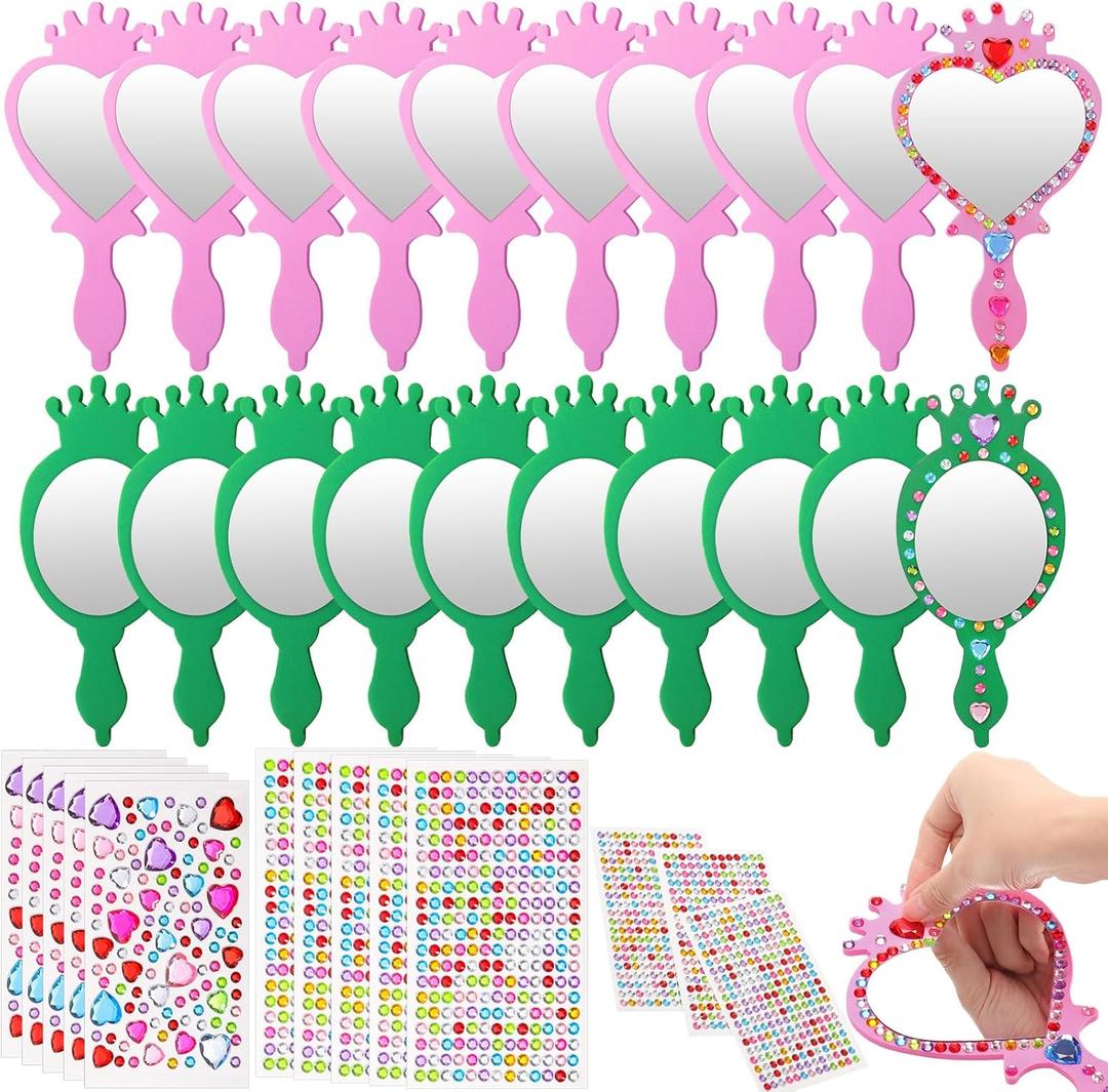 Geelin 24 Sets Pink and Green Mirror Crafts Foam Mirror for Witch Princess Party Favors DIY Decorate Your Own Glass Party Favors Movie Fan Gifts for Birthday Decorations