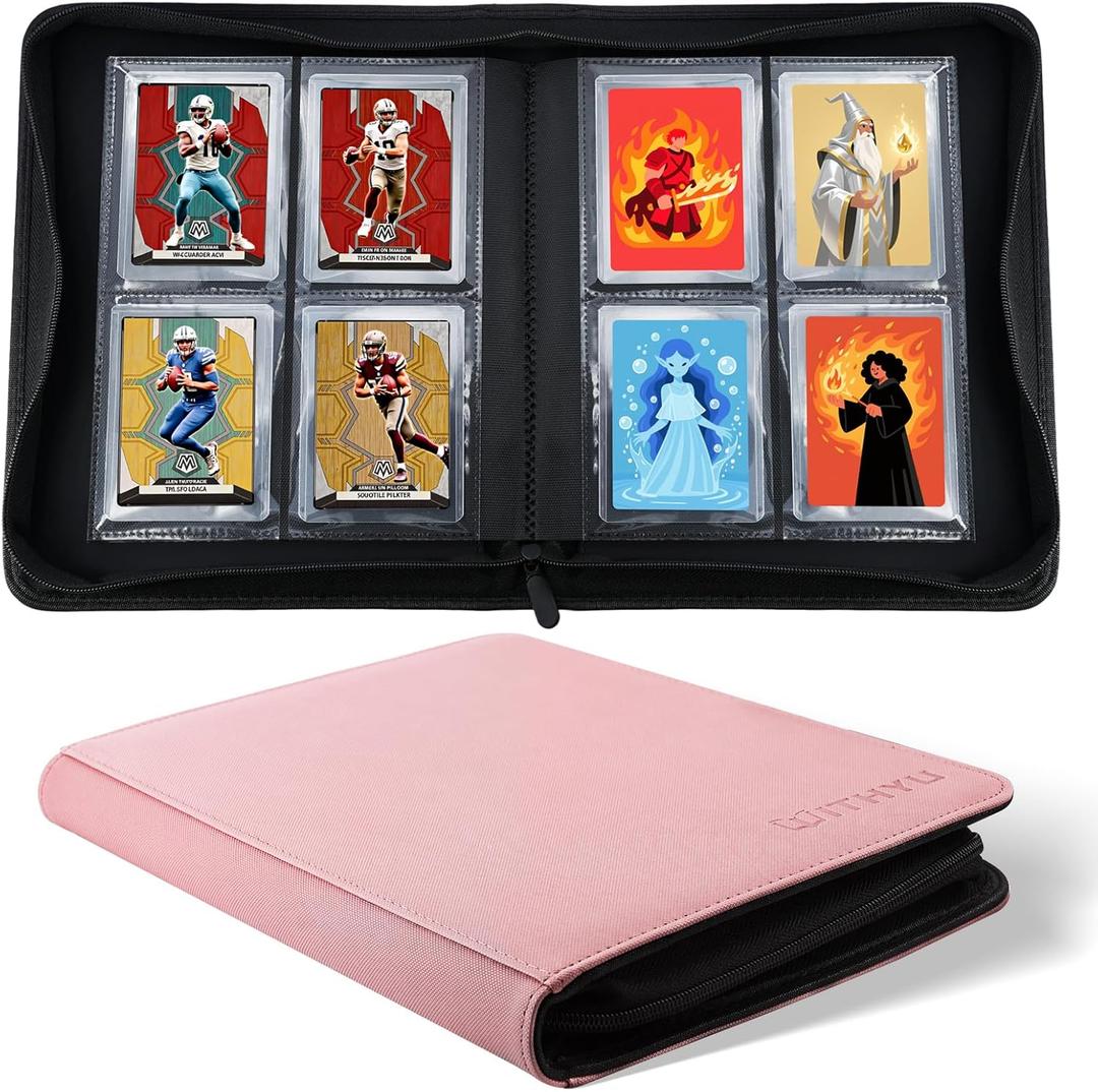 WITHYU Toploader Binder Holds 128 Top Loaders, 4 Pocket Ringless Card Holder for 3" x 4" Rigid Cards, Trading Card Album Small Top Loader Binder for Sports, TCG, MTG (Pink)