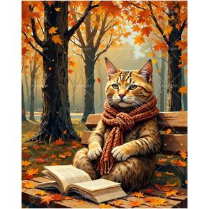 Autumn Cat Paint by Numbers Kit for Adults - DIY Cute Cat Reading on Bench in Fall Painting on Canvas, Acrylic Paint Set, Suitable for Beginners, Art for Home Decoration or Gifts(16X20IN Framed)