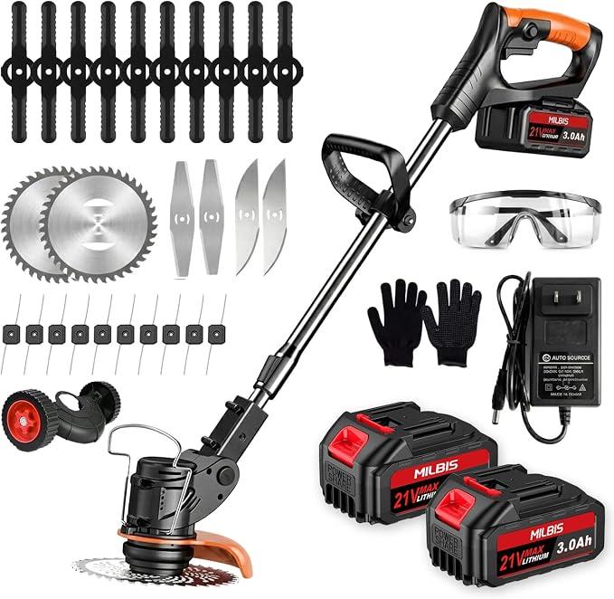 Cordless Weed Wacker with Wheels, 880W Battery Powered Weed Eater with 2 x 21V Batteries, 3-in-1 Electric Grass Trimmer & Brush Cutter with 5 Types Blades, Lightweight Weed Trimmer for Lawn & Garden