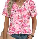 Rapbin Womens Valentines Shirt V Neck Short Sleeve Tops Basic Summer Spring Comfy Ladies Dating Soft Tees (Pink Love, L)