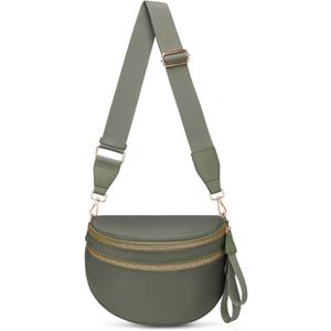 Pure Colour Crossbody Bum Bags for Women Spacious Checkered Cross body Bag Nylon Trendy Fanny Pack for Travel (Beans Green)