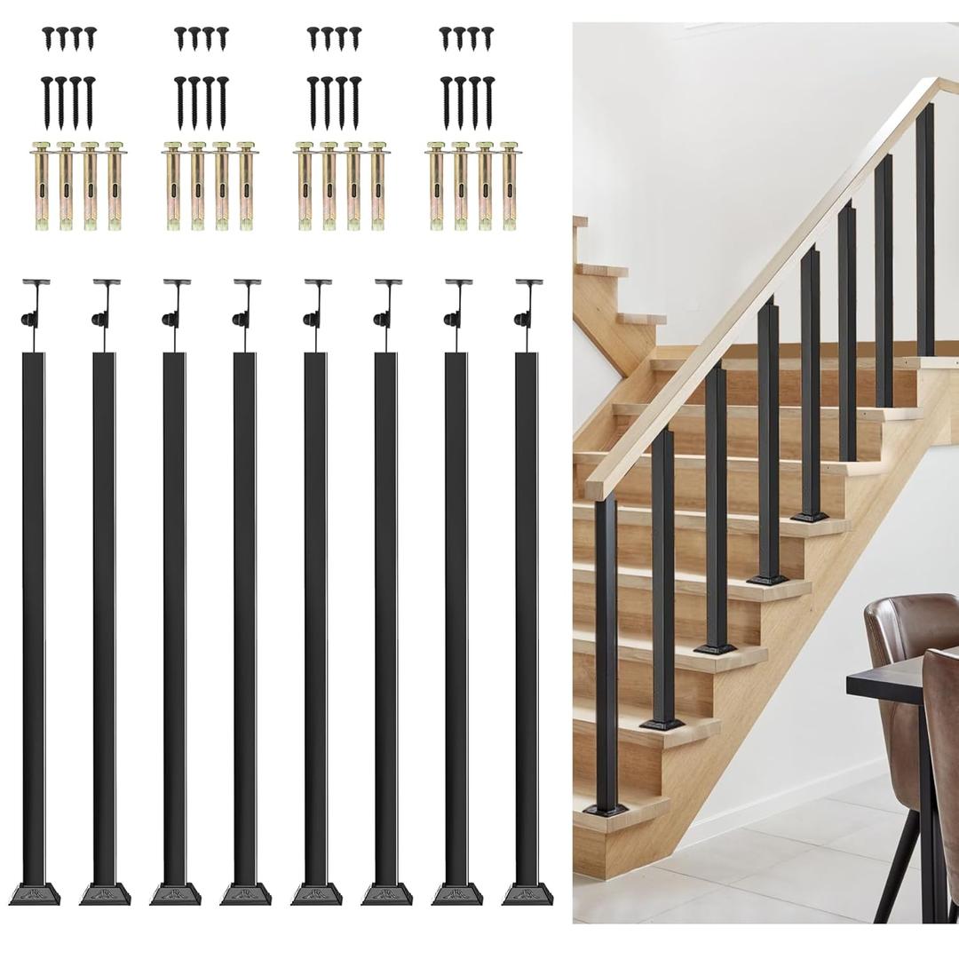 Indoor Railing Kits, 8 Pack Black Railing Post Kit, 270° Adjustable Flat Brackets Spindle Post & 35.43" Iron Square Stair Posts Kit for Stair Railing Indoor, Balcony, Staircases Spindles, Deck, Attic (36 in)